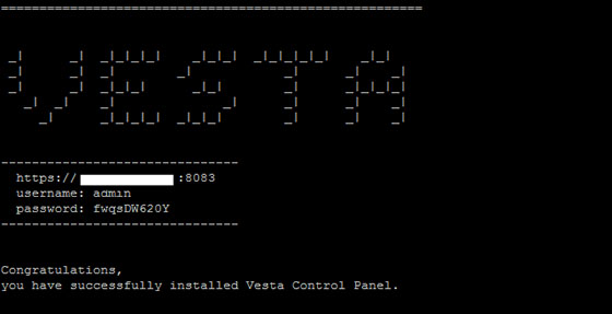 Once Vesta Control Panel is installed, you will get the following information